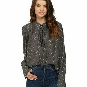 Free People Womens XS Gray Polka Dot Long Sleeve Button Up Modern Muse Blouse